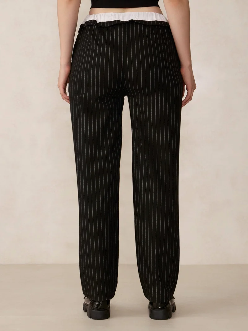 Outzidr  Black Double Waist Band Stripe Trouser for Women | Best Price UAE